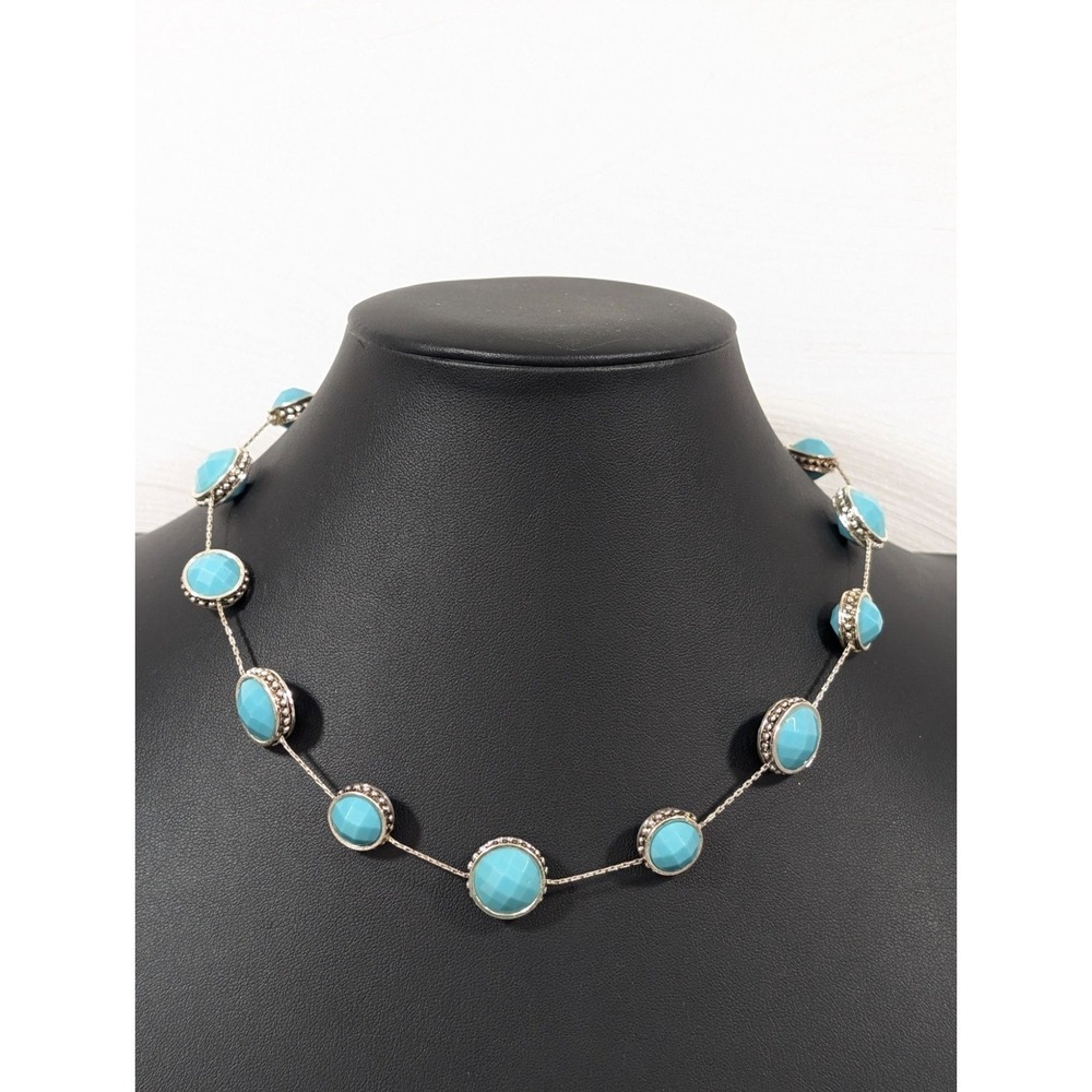 Beachy Coastal Chic Blue Faceted Cabochon Bezel station Chain Necklace 19 in
